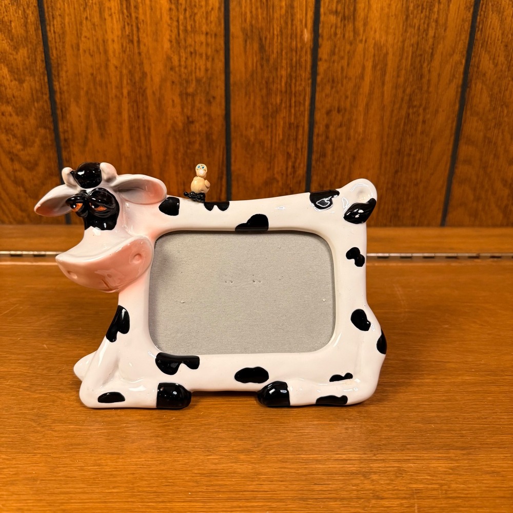White Black Spotted Cow Bird Ceramic Picture Frame Russ Berrie Retro One Size